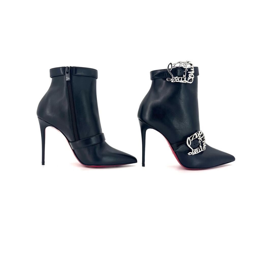 NEW Christian Louboutin Giddylina Booty Black Logo Buckle Embellished Boots 37 - Picture 6 of 8
